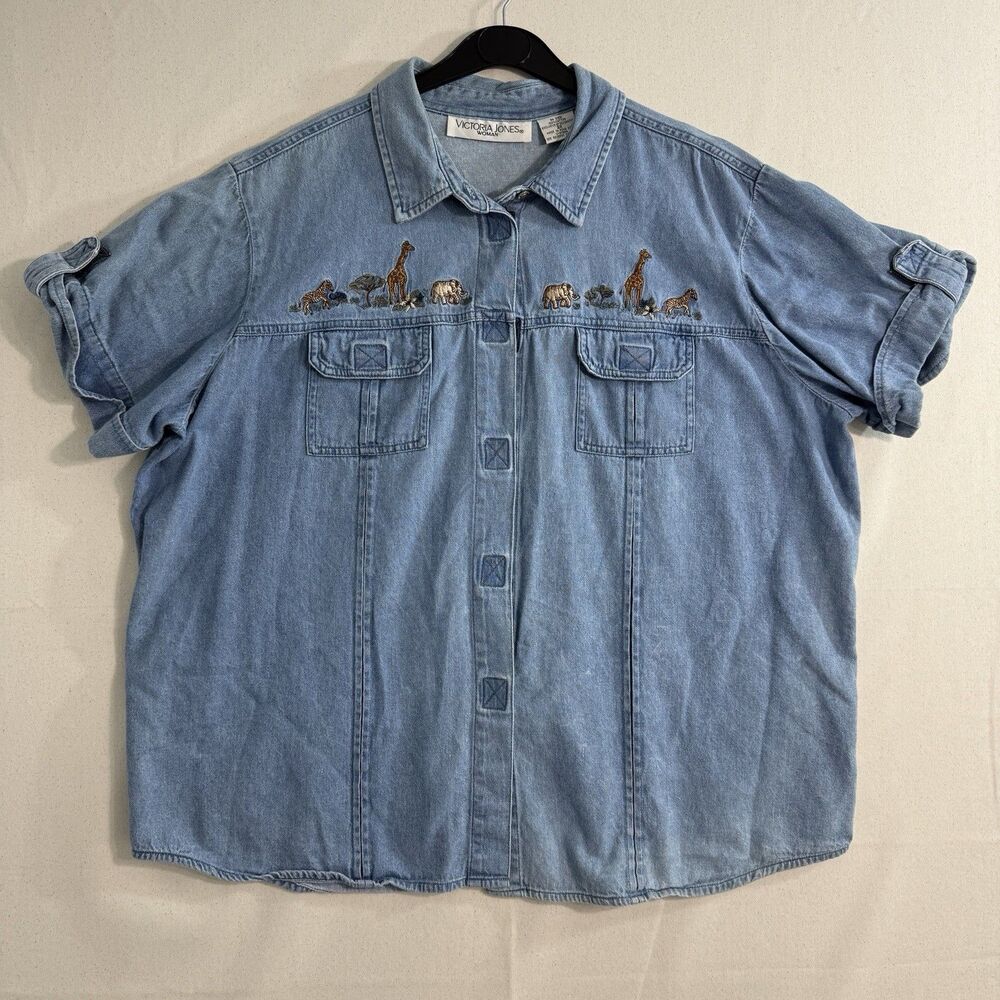 Victoria Jones Denim Shirt Womens 2X Blue vintage Safari Chambray Embroidered SS